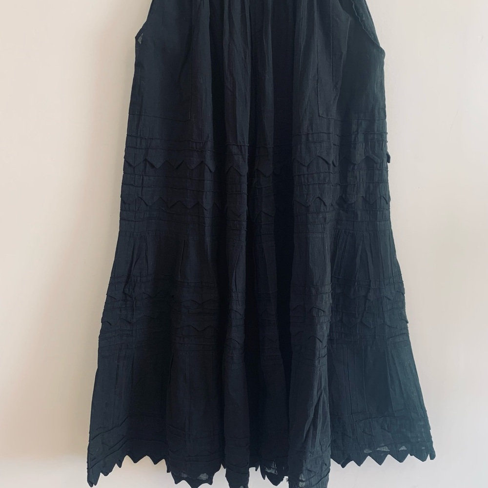 Black Cotton Tiered Wide Leg Pants Scalloped Hem Pockets Tulum MX